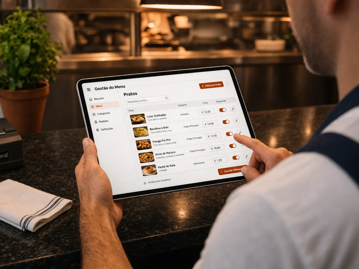 Gestão de menu digital num tablet, com pratos e alergénios